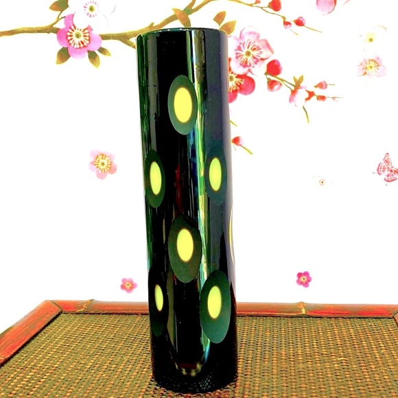 Black Crystal Vase Cut to Green Mid Century Modern MCM; Hand Blown 13.5 x 3 1/8" - Picture 1 of 11